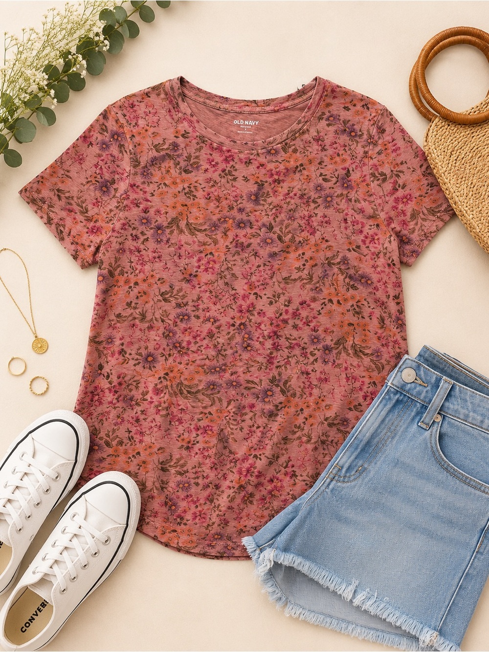 Old Navy Everywear Floral Tee Small Pink Boho Cottagecore Cotton Top